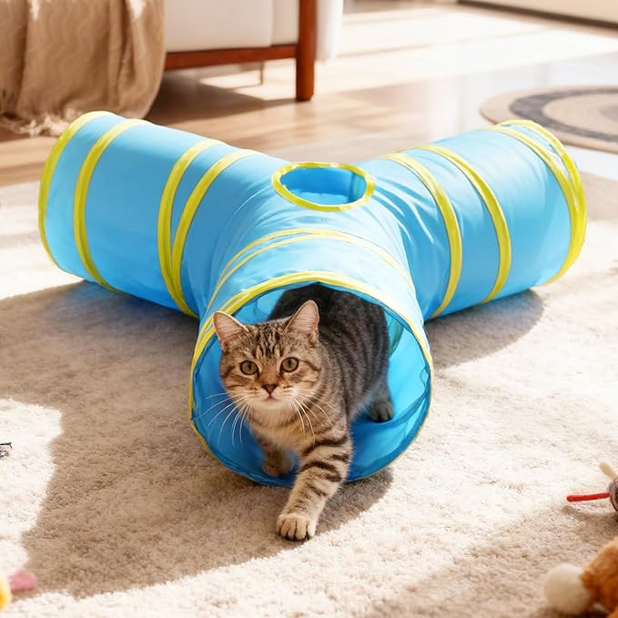 Love’s Cabin Cat Tunnel for Indoor Cats, 3-Way Collapsible Play Tunnel with Teaser Wand, Peek Holes & Toy Ball, Small Pet Toy for Kittens & Rabbits, Blue & Yellow, Small Size