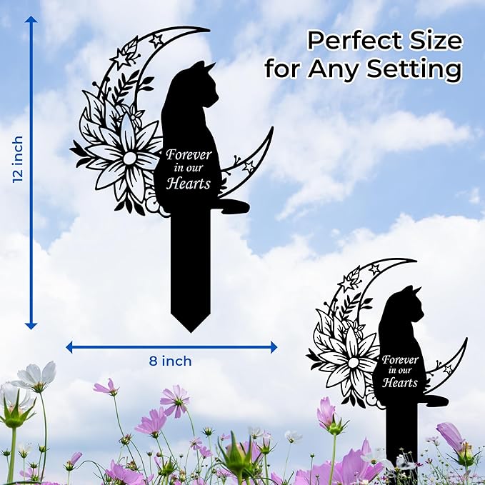 Cat Grave Marker Outdoor Memorial – 12in Metal Pet Memorial Plaque with Garden Moon Cat, Weatherproof Headstone for Yard or Indoor Tribute, Sympathy Gift for Loss of Pet