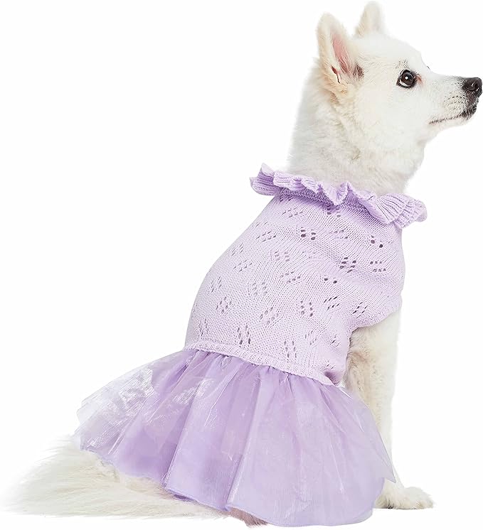 Blueberry Pet My Cutie Princess Ruffle Collar Dog Sweater Dress with Layered Tulle, Light Lavender, Back Length 16", Fall Winter Clothes for Girl Dogs