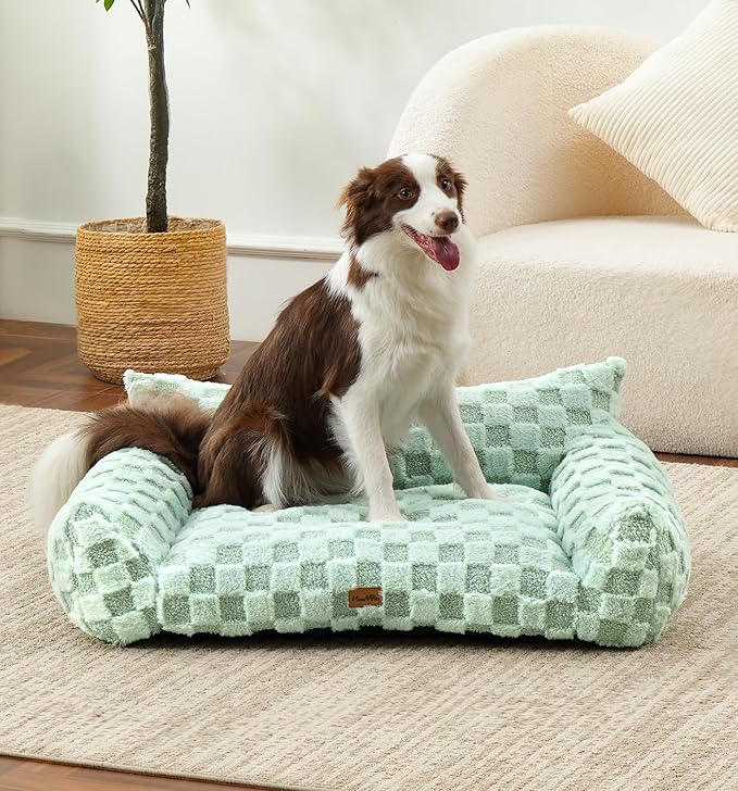 Made4Pets Cat and Dog Indoor Couch Bed, Soft Faux Fur Checkered Pet Sofa, Cozy Fluffy Pet Sofa with Supportive Foam, Removable Washable Cover with Non-Slip Base, Sage Green, Medium