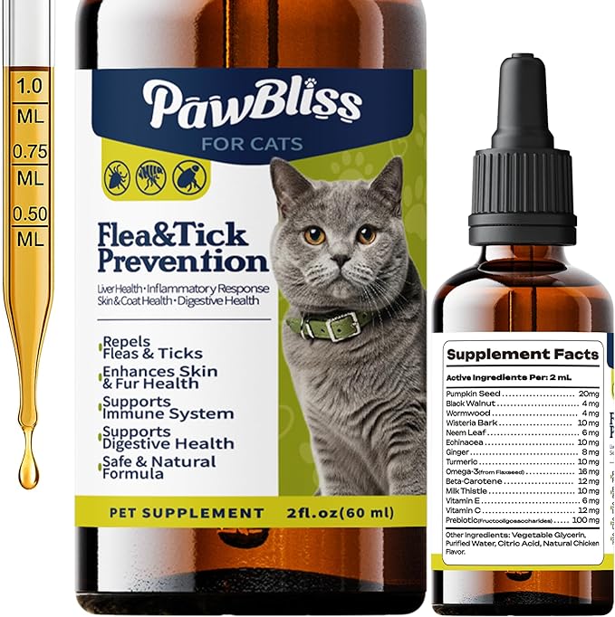Flea and Tick Prevention for Cats, Pets Oral Natural Supplement Drops with Multivitamin Support for All Breeds and Ages