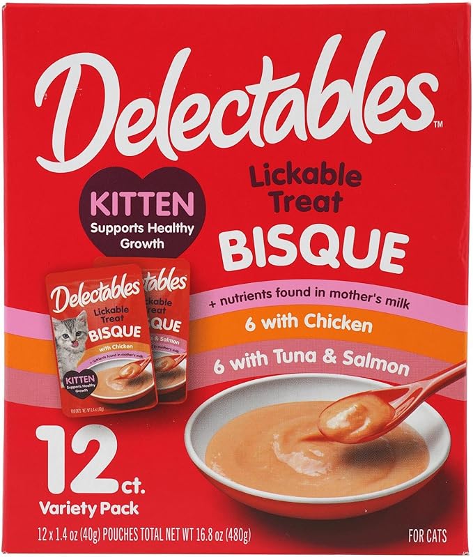 Delectables Lickable Treat Bisque Kitten Wet Cat Treat with Real Tuna & Salmon, Complete & Balanced, Hydrating, Grain-Free, No Fillers, No by-Products, No Added Preservatives, 1.4oz Pouch, 12ct