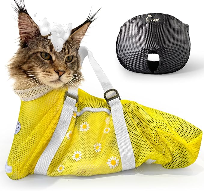 Cinf Cat Bathing Bag(Free Muzzle) Breathable Mesh Anti Scratch Adjustable Cat Grooming Bag for Nail Trimming, Bathing Soft Cat Washing Bag(Yellow) M