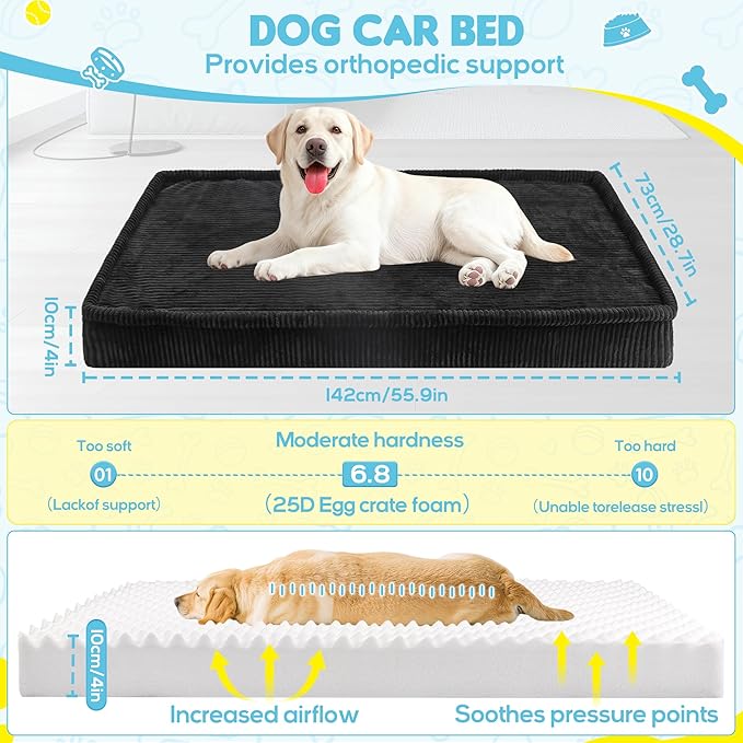 Loiion Thickened 4 in Orthopedic Dog Car Bed, Non-Slip Backseat Pet Mat, Removable Washable for SUVs/Sedans/Trucks, Plush Comfort for Large/Senior Dogs, Easy Clean (Black, XL（56" Lx28.7 M×4" H)