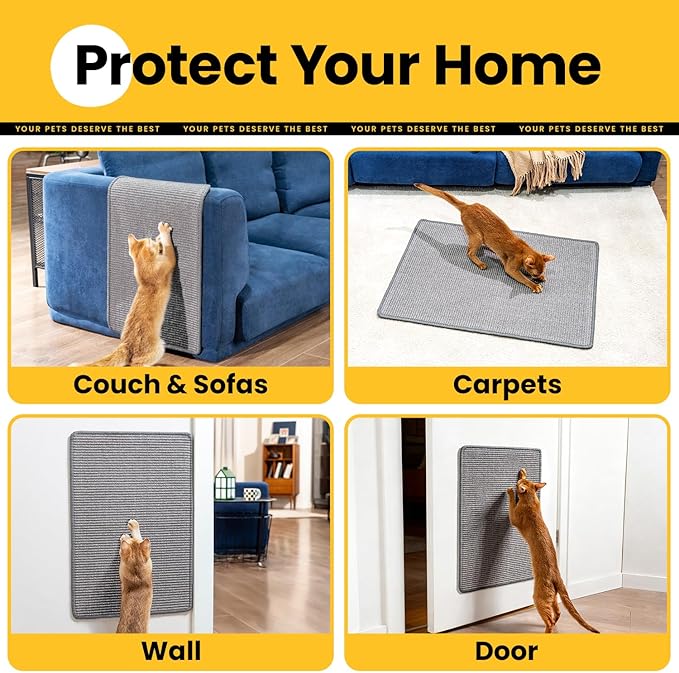 Cat Scratcher Mat,Natural Sisal Cat Scratch Pad with Hook&Loop Tape,Horizontal Floor Kitty Scratching Pads Rug for Indoor, Furniture Protector for Couch&Carpets&Sofas, Large, Grey, 2 Pack