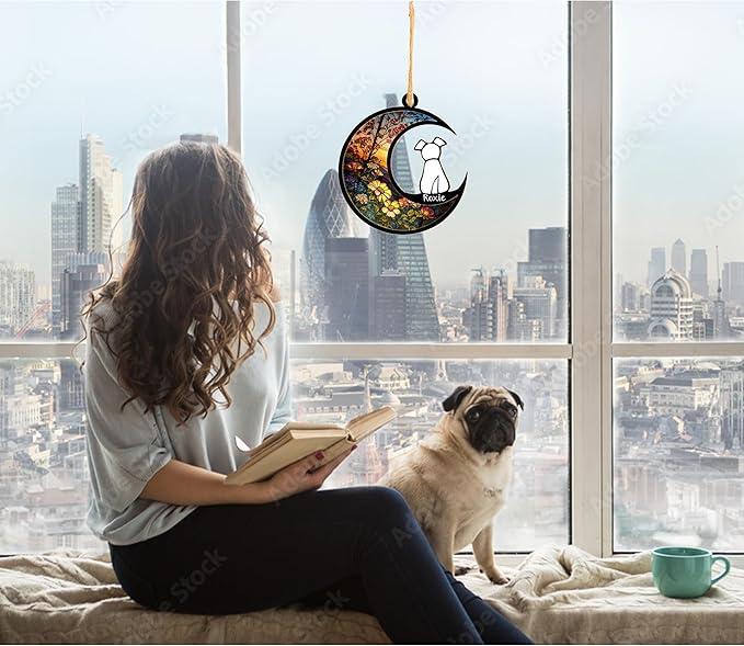 LOVELYPOD DIY Dog Ornament Suncatcher Memorial Gifts for Dog Lovers, White Dog Decor on Moon Window Hangings Suncatcher, Loss of Dog Sympathy Gift, Remembrance Gifts in Memory(4 Inches)
