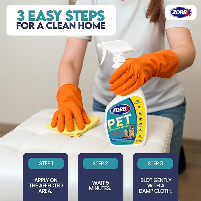 ZORBX Pet Stain and Odor Remover Spray 24 FL Oz - Dual Action Stain Remover & Pet Odor Neutralizer - Pet Stain Remover for Carpet, Dog & Cat Urine - Odor Absorber for Strong Odor