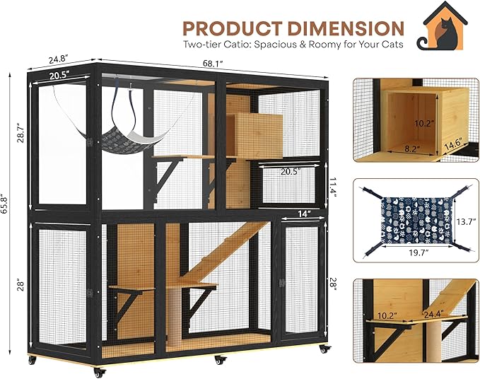 Catio Indoor Cat Enclosure on Wheels, 2-Tier Large Cat Catio for Multiple Cats, Wooden Kitty Cage with Resting Box, Platform, Sunshine Roof, Black and Yellow
