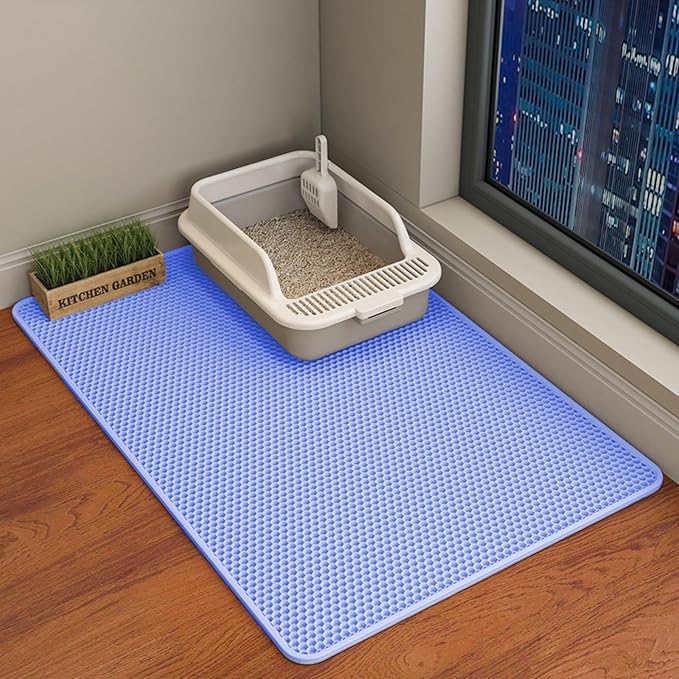 HCY&WLD Cat Litter Mat, Honeycomb Double Layer Cat Litter Trapping Mat, Waterproof Urine Proof Non-Slip, Scatter Control, Less Waste, Easier to Clean (Blue, 35" X 24")