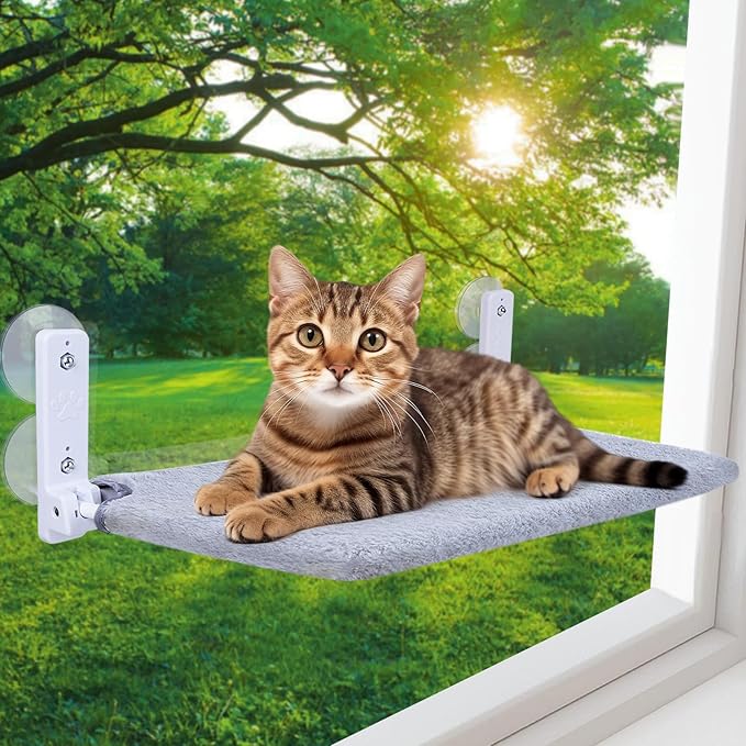 Cat Window Perch, Foldable Cat Window Hammock Sunbathing and Climbing Cats Hammock for Window Bed Bearing 40 Pounds Window Perch for Cats Inside 2-in-1 Reversible Cover (Light Gray)