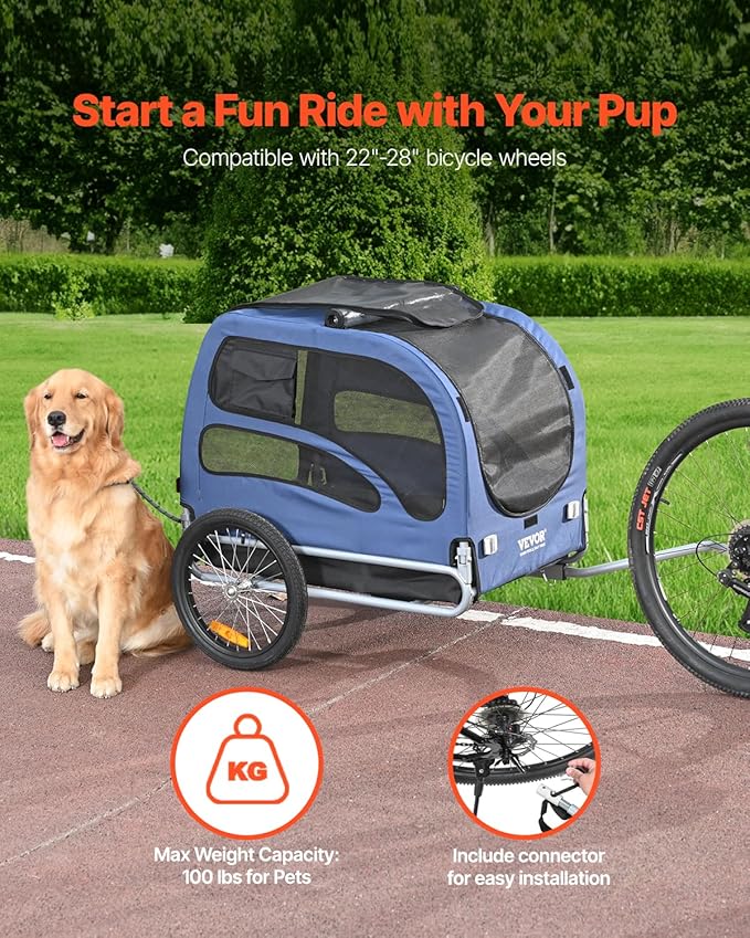 VEVOR Dog Bike Trailer, Supports up to 100 lbs, Pet Cart Bicycle Carrier, Easy Folding Frame with Quick Release Wheels, Universal Bicycle Coupler, Reflectors, Flag, Collapsible to Store
