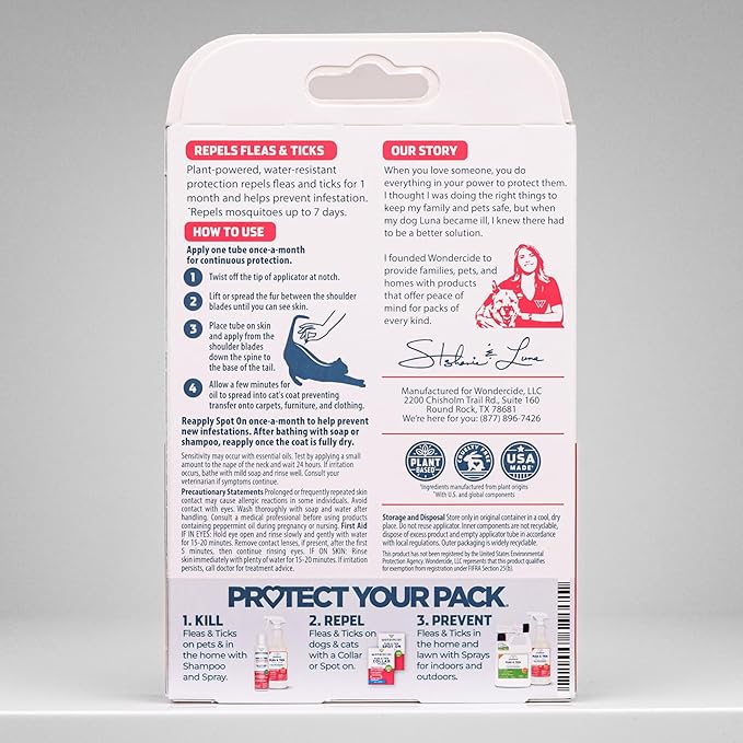 Wondercide - Flea and Tick Cat Spot On - Flea, Tick, and Mosquito Repellent, Prevention for Cats with Natural Essential Oils - Pet and Family Safe Up to 3 Months Protection - 3 Tubes of 0.03 oz