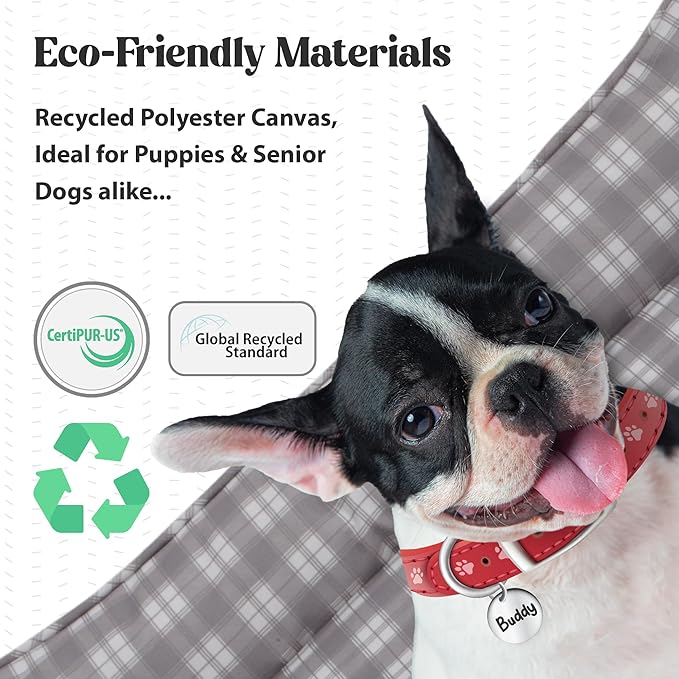 Orthopedic Bolster Dog Bed – CertiPUR-US Foam, Recycled Polyester Canvas, Washable Cover, Anti-Slip Bottom, Medium, Navy Plaid – Stylish Designer Dog Sofa