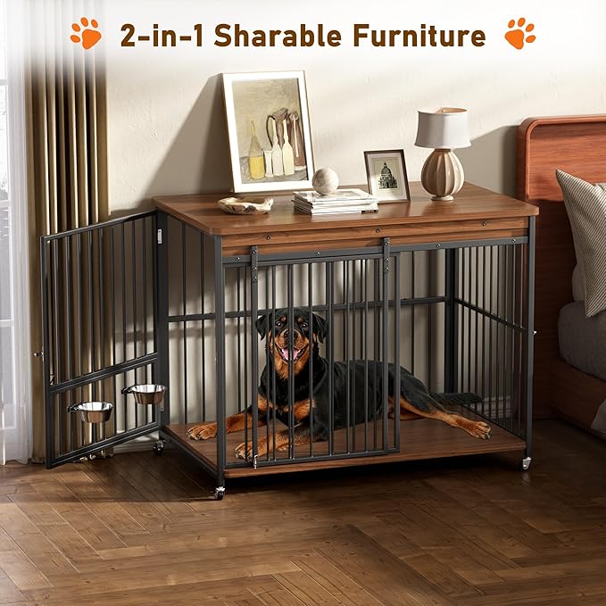 Dog Crate Furniture, 47’’ Wooden Dog Kennel Indoor with Sliding Front Door, Multi-Side Openings & Feeding Window Pet Cage House as TV Stand(Brown)