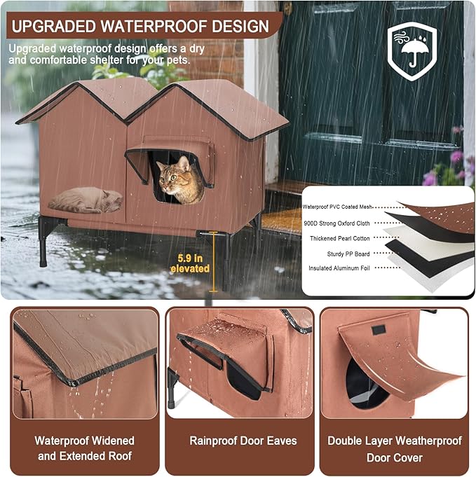 Large Heated Cat House for Outside in Winter, Elevated Waterproof Cat House for Outdoor Cats with Heating Pad, Insulated Heated Outdoor Cat House Weatherproof for Stray Cats Small Dogs (Brown)