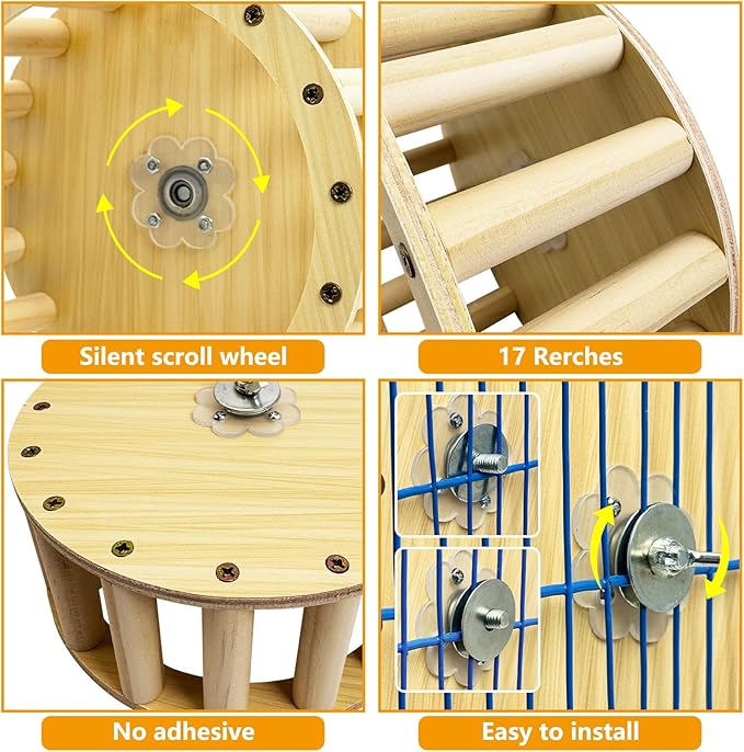 PINVNBY Wooden Bird Exercise Wheel Parrot Running Wheel Toy Cage Mounted Parakeet Interactive Spinner Toy Bird Rotating Perch for Budgies Lovebird Java Sparrow Canary Parrots and Some Small Animals