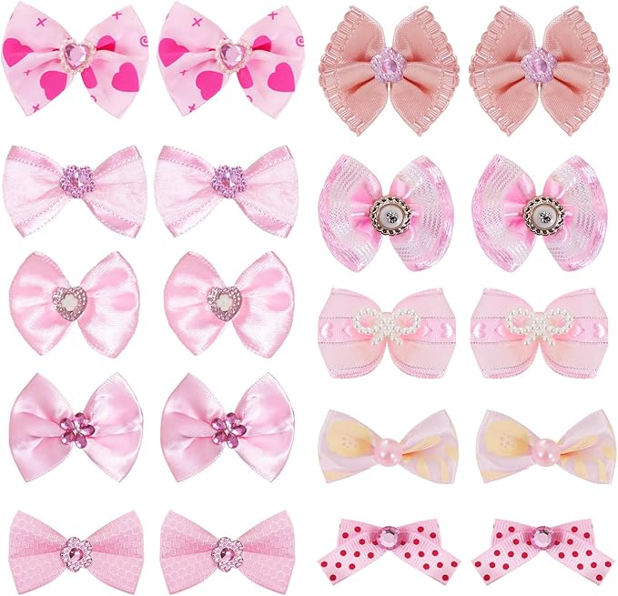 20 PCS Cute Dog Hair Bows with Rubber Bands Elastic Handmade Mix Style Lace Rhinestone Pearls for Furry Puppy Cat Pet Girl(Novel Pattern,Pink)