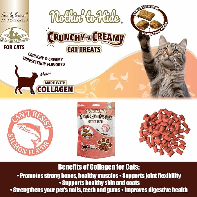 Fieldcrest Farms Nothin’ to Hide Collagen Cat Treats – Crunchy & Creamy Cat Snacks, High-Protein Healthy Treats for Skin, Coat & Joint Support, Salmon Flavor, 3 oz. Bag (Pack of 4)