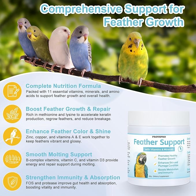Feather Growth Supplement for Birds, Bird Molting Support for Plucking Regrowth, Multivitamin Minerals & Amino Acids for All Birds, Support Healthy Feather Regeneration & Plumage Shine