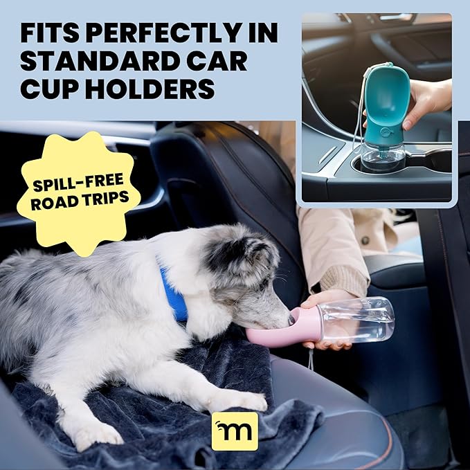 MalsiPree On The Go Dog Water Bottle Dispenser - 12 oz Pink - Leak-Proof Lock & One-Hand Operation - Dog Water Bowl - Pet Travel Bottle with Built-in Bowl, Travel Ready BPA-Free Pet Supplies