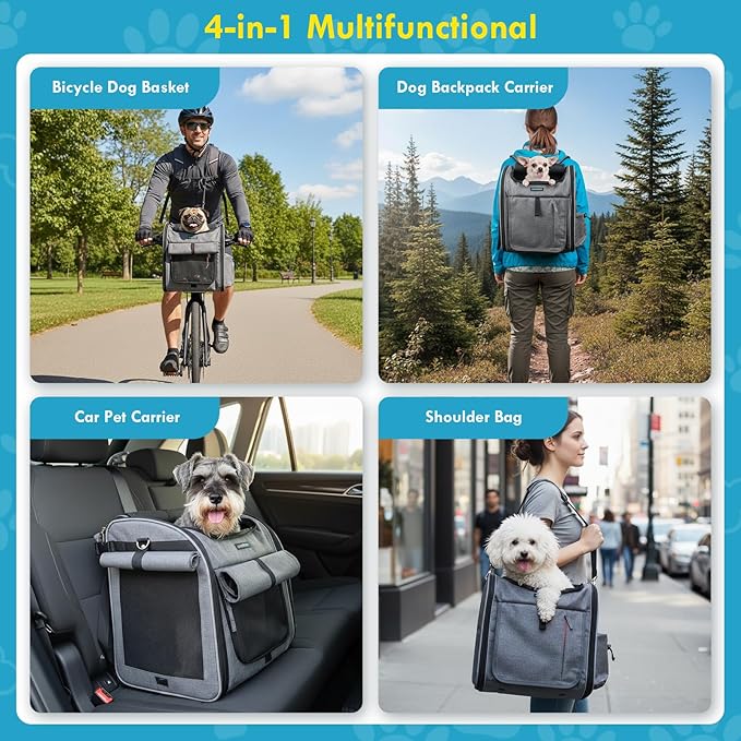 Dog Front Bike Basket 4-in-1 Pet Carrier Backpack & Car Seat, 22lbs Load, Stable L-Shaped Mount for E-Bikes (Display <3.15"), Reflective Waterproof Folding Bicycle Bag for Small Medium Dogs