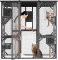 Large Walk-in Window Catio Outdoor, 70'' Wooden Cat Enclosure for Mulitiple Cats with Waterproof Roof, Feral Cat Shelter with Platforms, Hammock, Scratching Post and Resting Box Grey