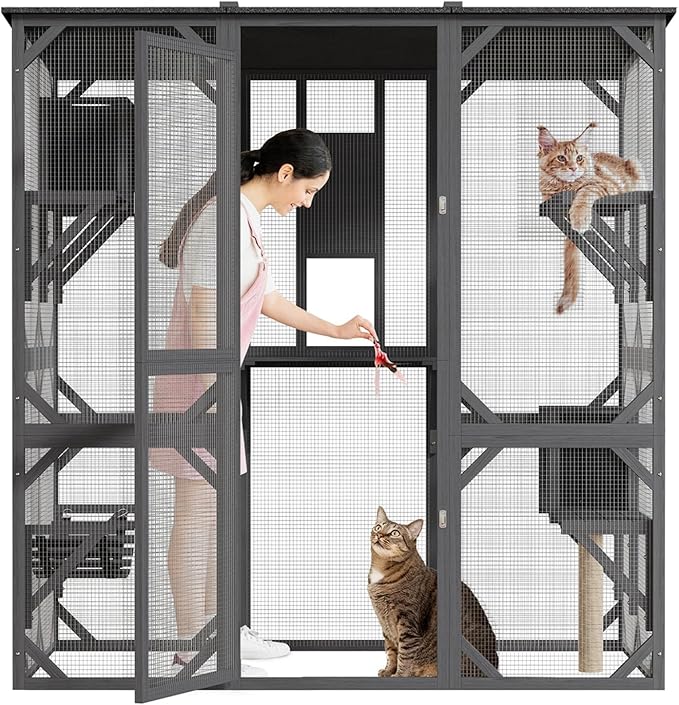 Large Walk-in Window Catio Outdoor, 70'' Wooden Cat Enclosure for Mulitiple Cats with Waterproof Roof, Feral Cat Shelter with Platforms, Hammock, Scratching Post and Resting Box Grey