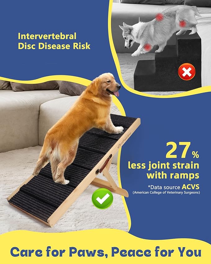 Dog Ramp for Bed & Couch for Small & Medium Dogs - Joint-Friendly, Anti-Slip, Adjustable, Odor-Free, Up to 70 lbs