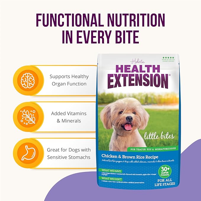 Health Extension Little Bites Dry Dog Food for Toy and Small Breeds, Chicken & Brown Rice Recipe, with Probiotics & Superfoods for Digestion & Coat Health, 18 lb Bag