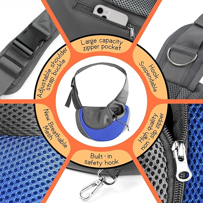 YUDODO Pet Sling Carrier for 10-15 lbs Small Dogs & Cats – Hands-Free Puppy Carrier with Safety Hook, Large Zipper Pocket, Soft Breathable Mesh, Adjustable Strap & Reflective Strip (Blue 1.0 L)