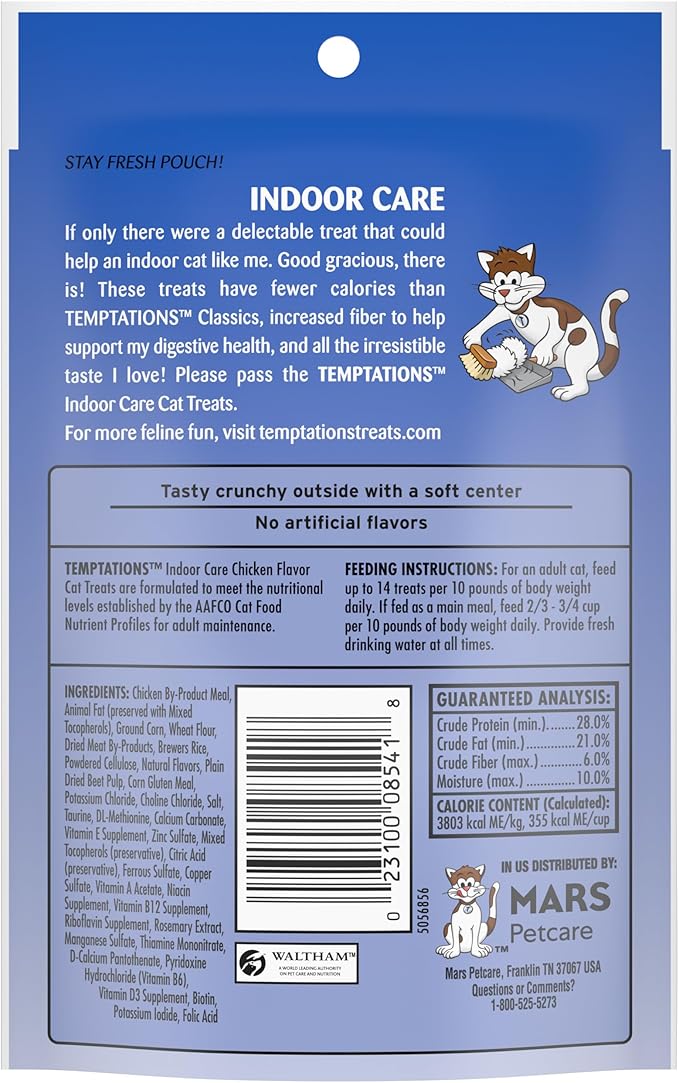 Temptations Cat Treats Indoor Care, Classic Crunchy and Soft Cat Treats, Tasty Chicken Flavor, 2.1 oz. Pouch (Pack of 12)