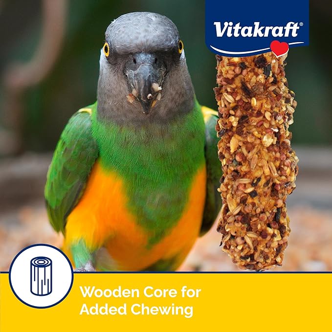 Vitakraft Crunch Sticks Parrot Treat Apple and Honey Flavor – 2 Sticks Per Pack Triple-Baked Crunchy Treat Sticks with Natural Wood Chew Center & Cage Clip Holder