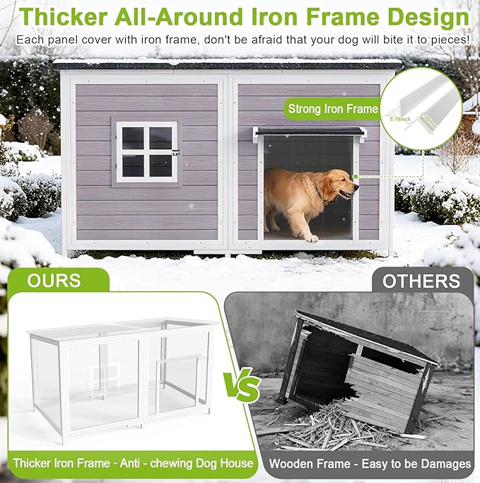 59" Outdoor Dog House with Insulated Liner, Extra Large Breed Dog Kennel, Keep Warm in Winter Outside, Easy to Install Heated Anti-Chewing Metal Frame Design for Small Medium Large Dogs