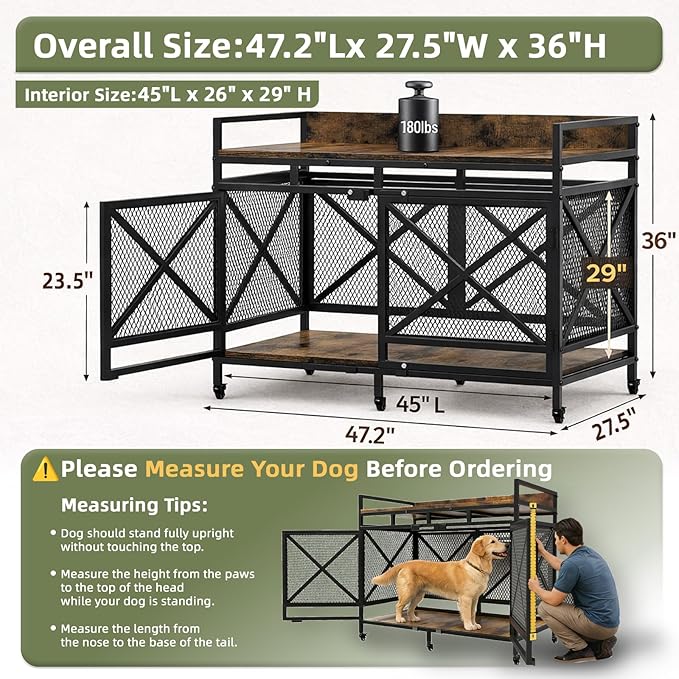 48 Inch Extra Large Furniture Dog Crate | COZPAW Heavy Duty Wooden Indoor Dog Kennel with Caster Wheels | Decorative Pet House End Table | Caramel Brown
