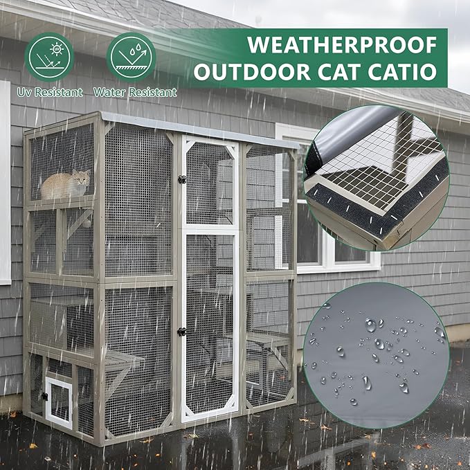 Large Outdoor Cat Catio Enclosures, Wooden Catio Window Cat Patio for Cats Feral with 5 Platforms, 2 Resting Rooms, Waterproof Cover