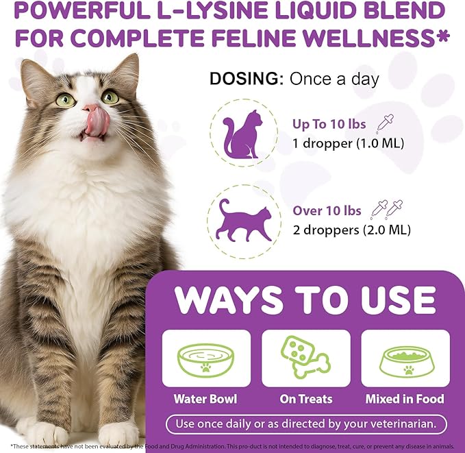 L-Lysine Drops for Cats, Lysine Supplement for Cats, Support Immune System, Respiratory Health & Eyes Function, Skin & Coat Health, Pets Health Supplies Cat Multivitamins, Chicken Flavor - 2 fl.oz