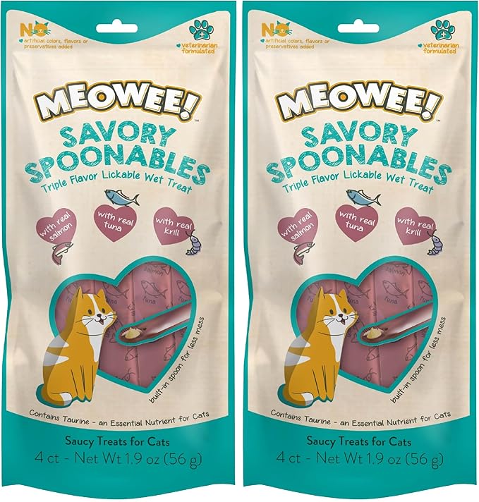 Savory Spoonables with Real Salmon, Tuna and Krill for Cats, 4 Count, Treat Your Cat to Triple Flavor Squeezable Lickable Wet Treats with Built-in Spoon for Less Mess (Pack of 2)