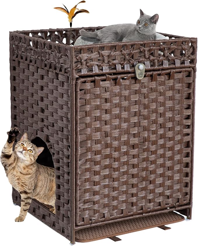 KOUSEI Handwoven Rattan Cat Litter Box Enclosure Furniture - Hidden Indoor Pet House with Door & Mat, Discreet Washroom Cabinet for Living Room and Bedroom, Brown