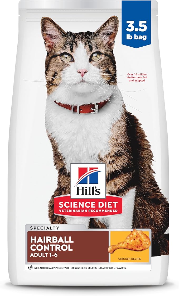 Hill's Science Diet Hairball Control, Adult 1-6, Hairball Control Support, Dry Cat Food, Chicken Recipe, 3.5 lb Bag