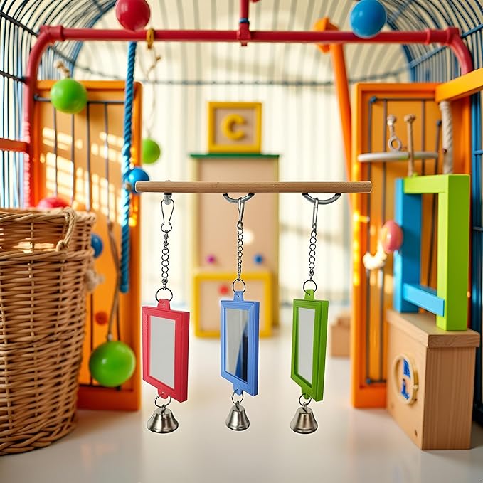 1Pc Random Color Pet Bird Mirror with Bell Interactive Parrot Toys for Budgies Parakeets Conures, Pet Supplies