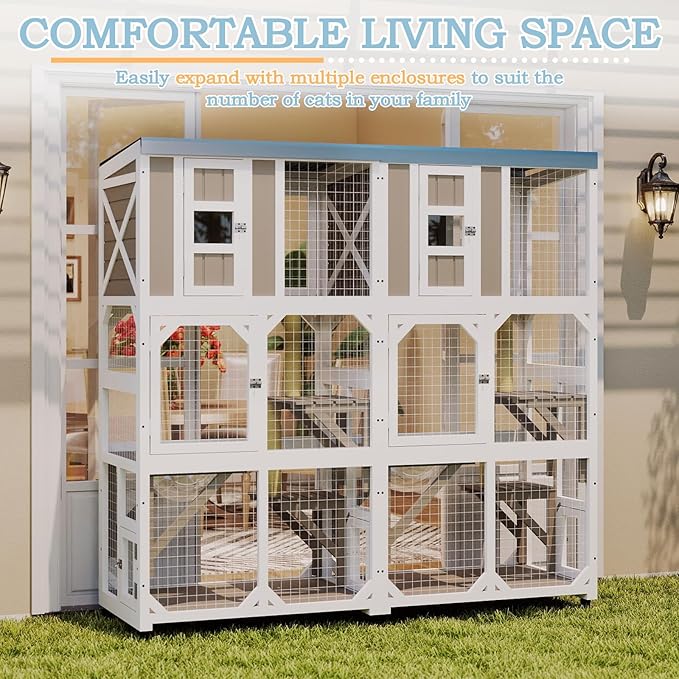 64" Large Wooden Catio Outdoor Cat Enclosure, Window Cat House with Wheels & 3 Platforms, Kitty Cage with Weatherproof Roof for Multiple Cats (Gray)