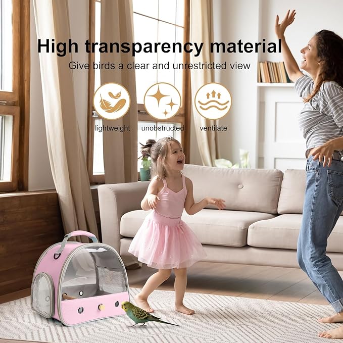Bird Travel Carrier, Portable Small Bird Parrot Parakeet Carrier with Standing Perch, Side Access Window Collapsible