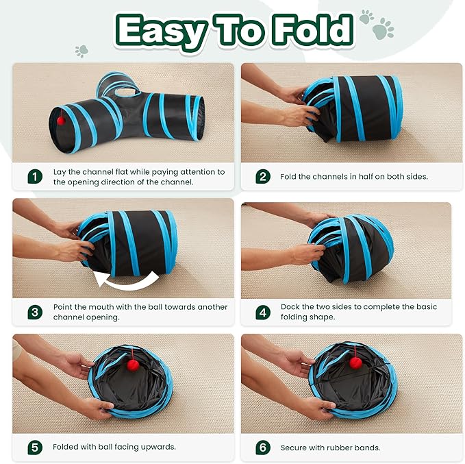 Love’s Cabin Cat Tunnel for Indoor Cats, 3-Way Collapsible Play Tunnel with Teaser Wand, Peek Holes & Toy Ball, Small Pet Toy for Kittens & Rabbits, Black & Blue, Medium Size