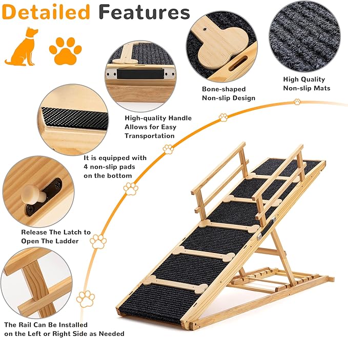 COSIEST Dog ramp for Bed and Couch, Wooden Pet Ramp Folding Portable for Couch and Bed, 64.5 Inch Long and Height Adjustable Dog ramp with Anti-Slip Grip & Safety Rails, Up to 200lbs, Wood