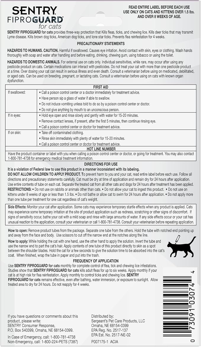 Sentry Fiproguard for Cats, Flea and Tick Prevention for Cats, 1.5 lbs and Over, 6 Month Supply