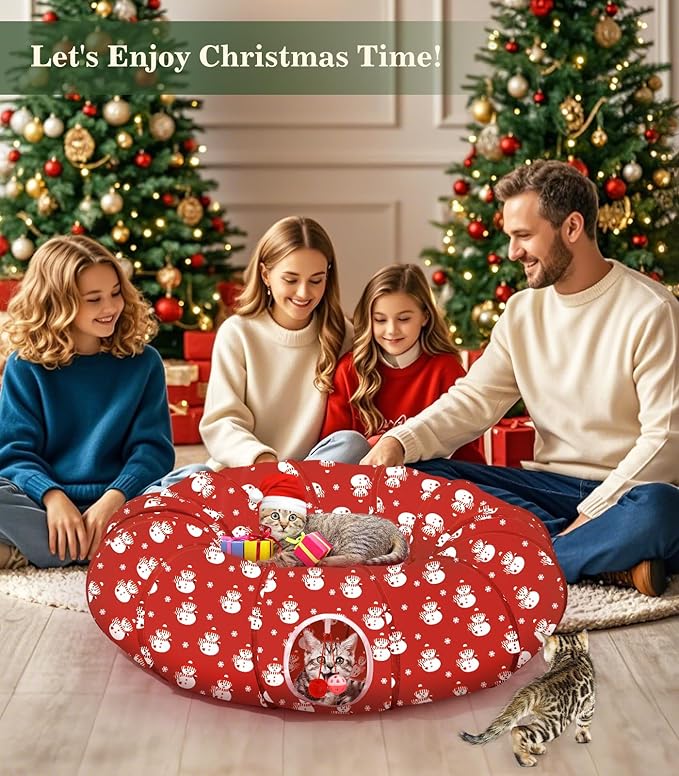 Pawaboo Cat Tunnel Bed Under Christmas Tree, 35.4'' Christmas Cat Toy Circle Tunnel with Ball, Cats Tunnels Christmass Tree Skirt Decorative Festive Foldable Kitty Tube Tunnels for Cats(Red Snowman)