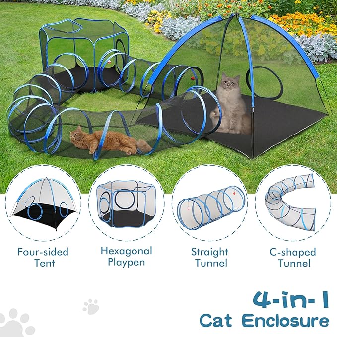 Outdoor Cat Enclosure, 4-in-1 Cat Tent Outdoor Pet Playpen with Tunnel, Portable Catio Play Pen for Outside and Indoor Cat Enclosure with Storage Bag for Kitty and Small Animals
