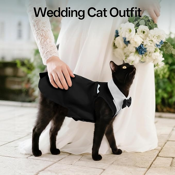 PUMYPOREITY Cat Tuxedo Suit Formal Wear with Bow Tie, Soft Skin-Friendly Cat Costumes for Cats Only, Elegant Outfit for Male Female Cats, Perfect for Wedding Birthday Photo Shoots, L, Black