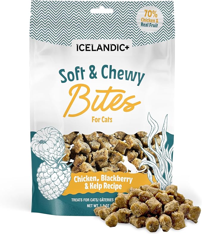 Icelandic+ Soft & Chewy Bites - Chicken, BlackBerry & Kelp - 1.8oz Cat Treats, 70% Meat & Fruit, Air-Dried, Limited Ingredients, Pet Snack, Grain Free