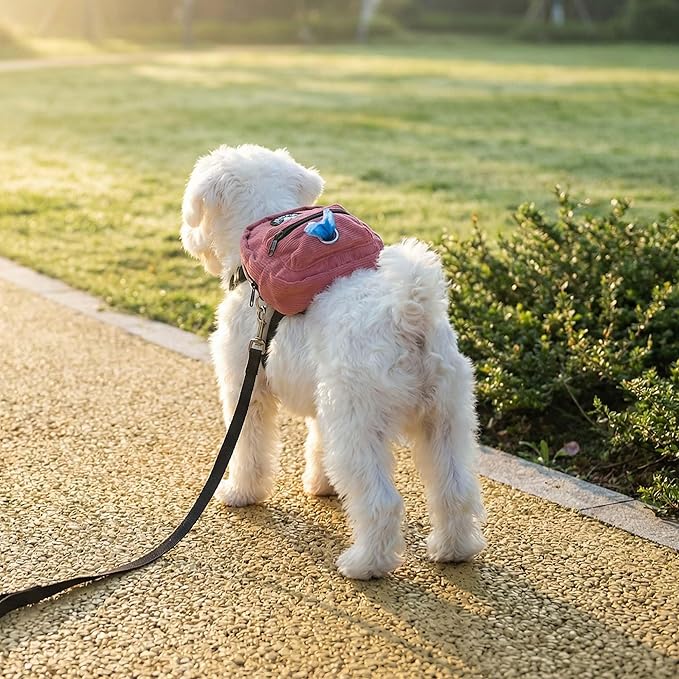 FLAdorepet Dog Backpack Harness with Leash, Dog Poop Bag Dispenser, Pet Self Carrier Adjustable Travel Hiking Walking Harness Backpack for Small Medium Dogs (L(Fit:10-15lb), Pink)